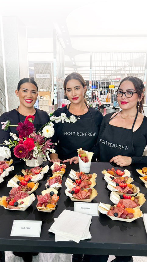 Close up of charcuterie boats and charcuterie cups at a high end marketing activation for a large retailer in Toronto by The Graze Anatomy