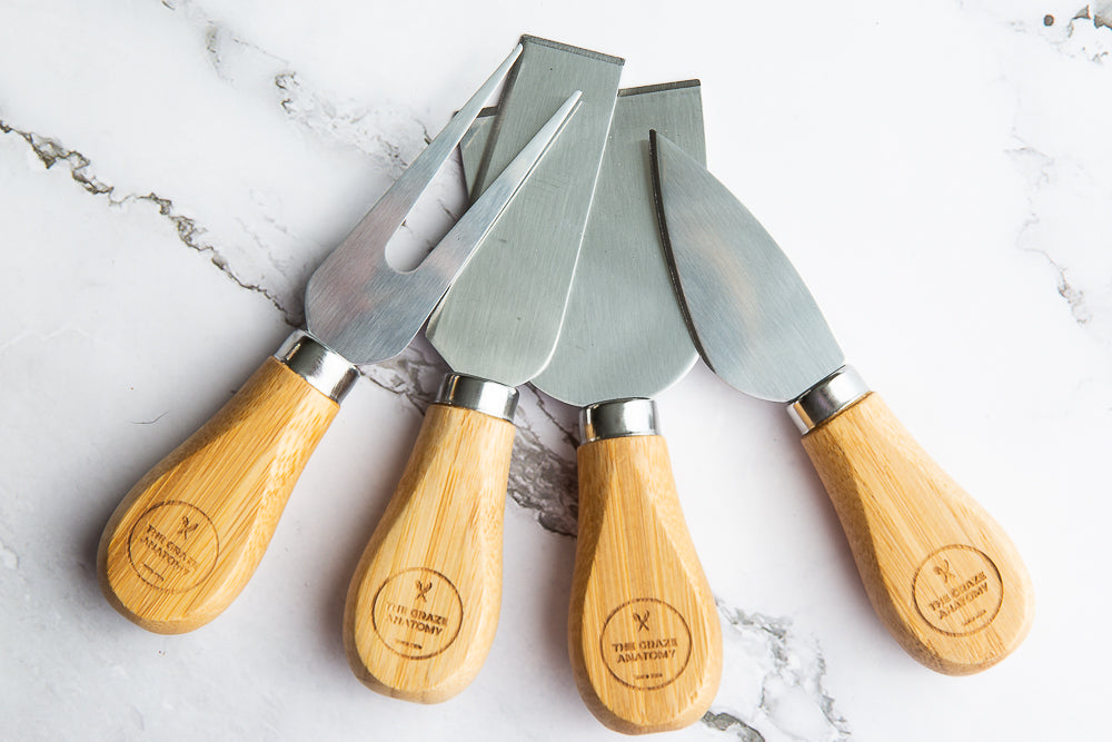 Stainless Steel & Bamboo Custom Cheese Knife Set with The Graze Anatomy branding
